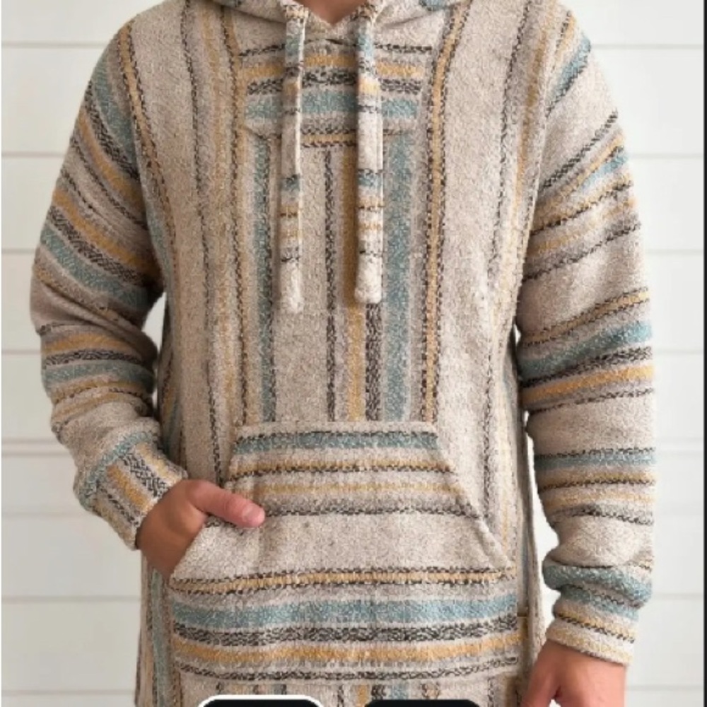 Men’s Xl Baja Hoodie Stripped Sherpa Pullover Cozy Boho Mexican Style